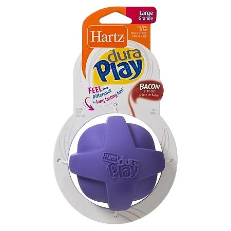 Hartz Dura Play Medium כדור לכלבים בינוניים וגדולים.עשוי גומי איכותי בטעם בייקון.בפנים הכדור ישנה צפצפה המגבירה את הגירוי אצל הכלבים.כדור רך אך עמיד בפני נשיכות מרובות.