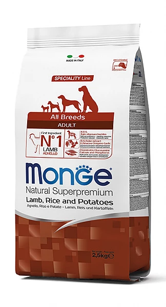 מונג' מזון לכלבים בוגרים מגזעים קטנים כבש אורז ותפו"א 2.5 ק"ג Monge Mini Adult
