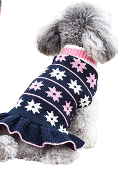 סוודר שמלה לכלב ורוד אפור כוכבים